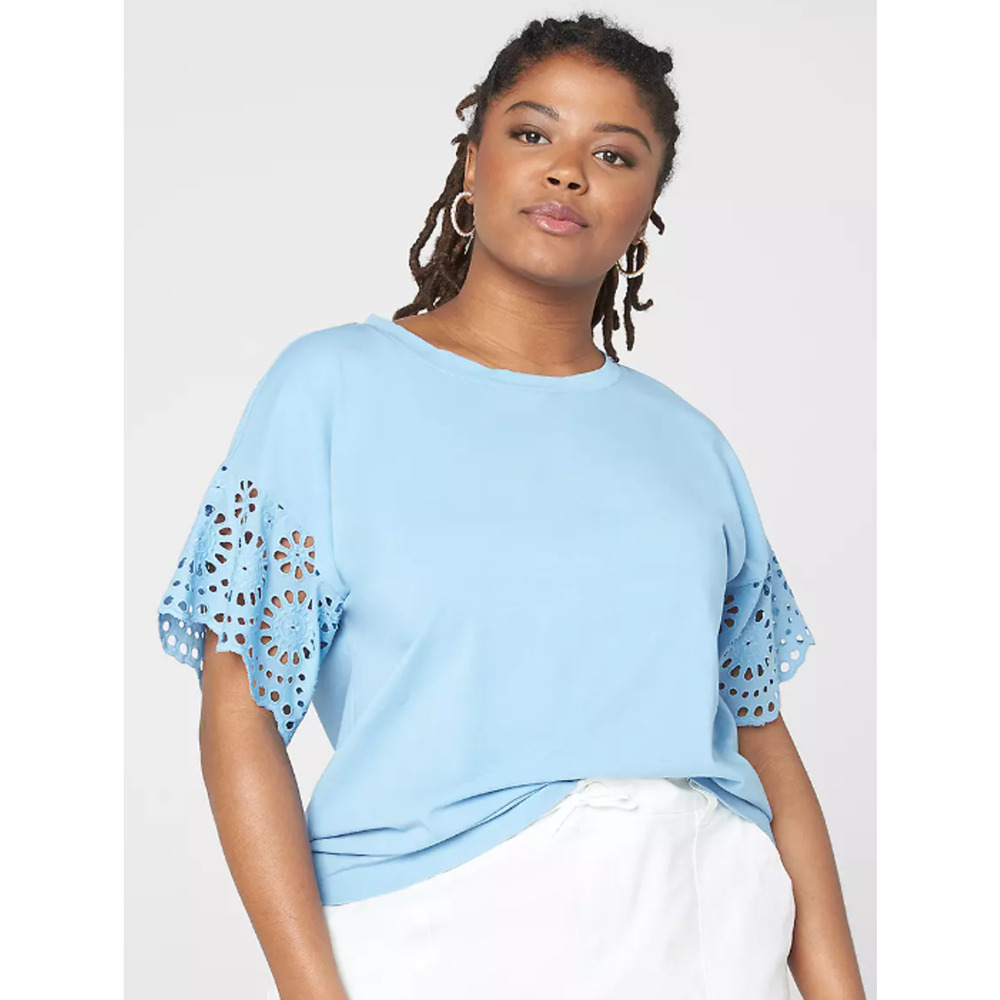 Lane Bryant Blue Crew Neck Jersey Woven Eyelet Sleeve Top Womans Size 18/20